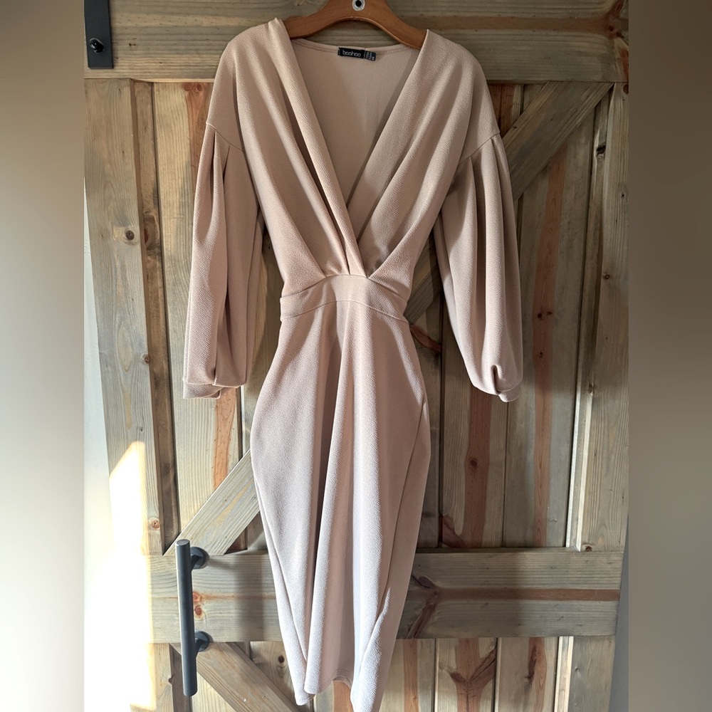 BOOHOO TALL RECYCLED OFF THE SHOULDER MIDI DRESS